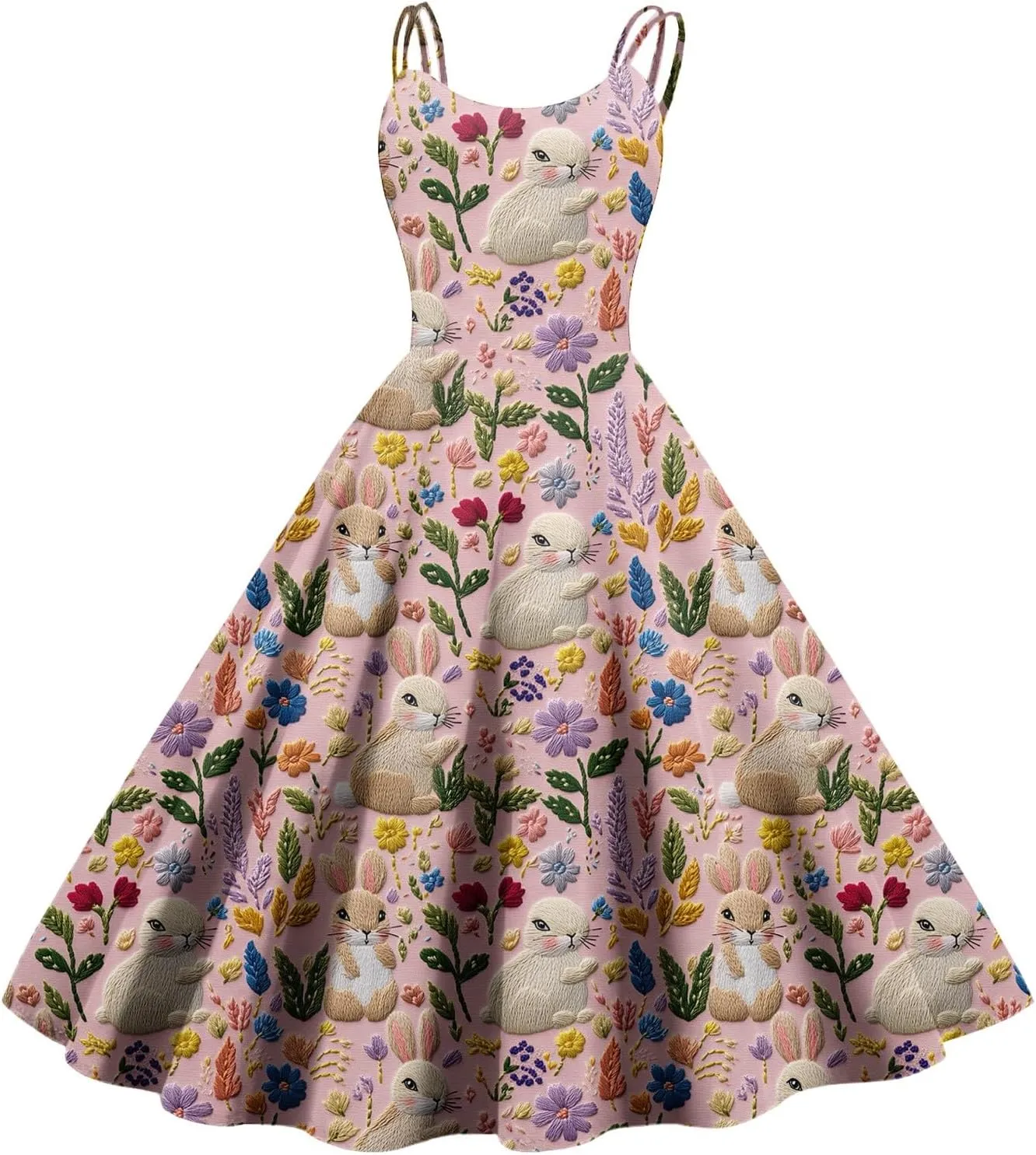Easter Dresses for Women Vintage Spaghetti Strap Punk Aline Swing Dress Bunny Printed Knee Length Tea Party Dress
