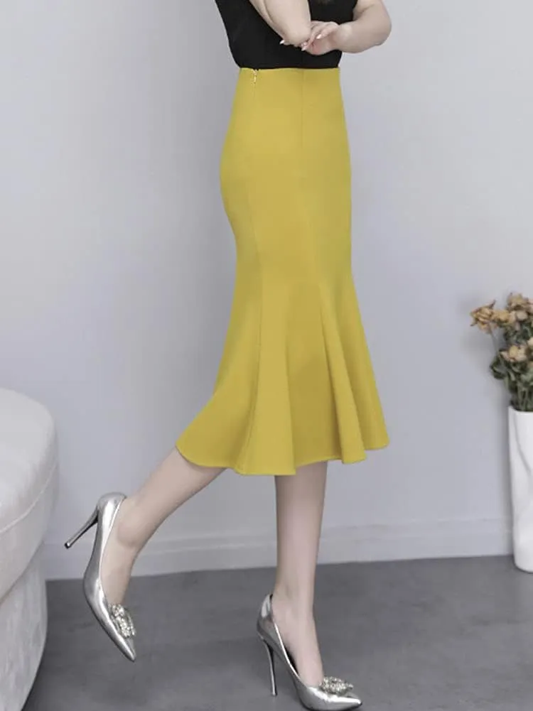 ebossy Stretchy Pleated Fishtail Skirts Women High Waist A-line Swing Party Bodycon Midi Skirt Dresses