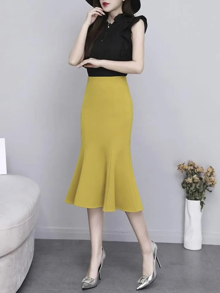 ebossy Stretchy Pleated Fishtail Skirts Women High Waist A-line Swing Party Bodycon Midi Skirt Dresses