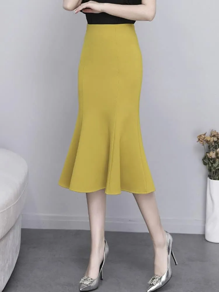 ebossy Stretchy Pleated Fishtail Skirts Women High Waist A-line Swing Party Bodycon Midi Skirt Dresses