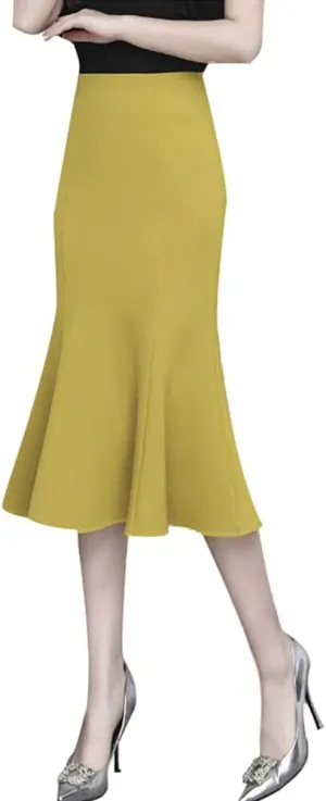ebossy Stretchy Pleated Fishtail Skirts Women High Waist A-line Swing Party Bodycon Midi Skirt Dresses