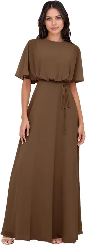 Elegant 2025 Chiffon Bridesmaid Dresses with Wrap A-Line Floor Length Short Sleeves for Formal Evening Party Gowns DR0758