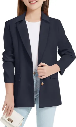 EXARUS Girls Blazer Jacket Long Sleeve Notched Collar/Lapel Collar with Inner Pocket Open Front Casual Kids Blazers Suit