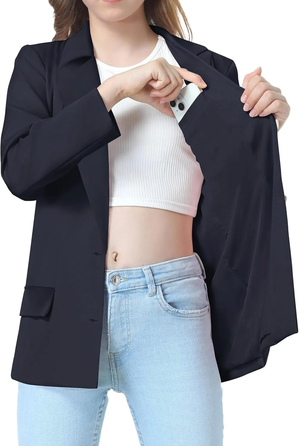 EXARUS Girls Blazer Jacket Long Sleeve Notched Collar/Lapel Collar with Inner Pocket Open Front Casual Kids Blazers Suit