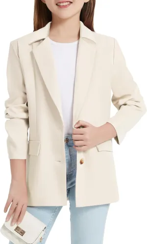 EXARUS Girls Blazer Jacket Long Sleeve Notched Collar/Lapel Collar with Inner Pocket Open Front Casual Kids Blazers Suit