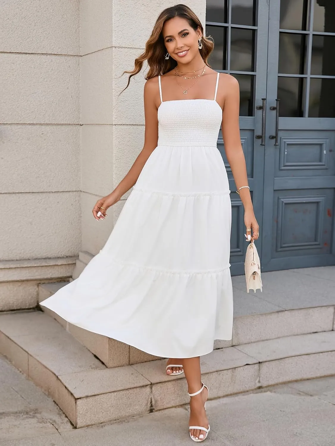 EYNMIN Women's Summer Midi Dress Casual Boho Beach Sundress Spaghetti Strap Sleeveless Smocked Flowy A-Line Dresses