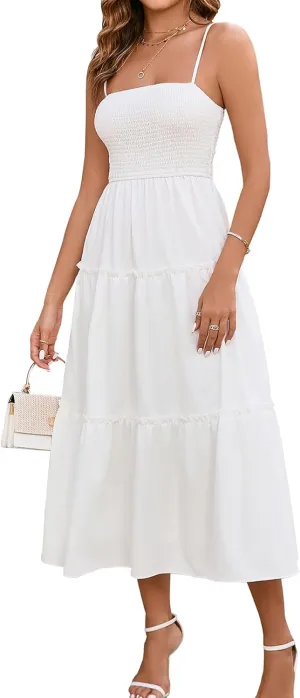 EYNMIN Women's Summer Midi Dress Casual Boho Beach Sundress Spaghetti Strap Sleeveless Smocked Flowy A-Line Dresses