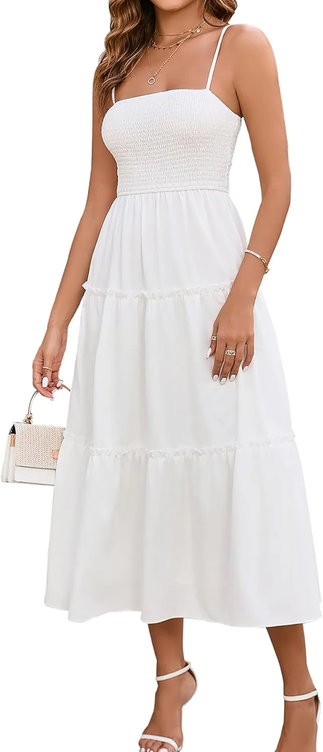 EYNMIN Women's Summer Midi Dress Casual Boho Beach Sundress Spaghetti Strap Sleeveless Smocked Flowy A-Line Dresses