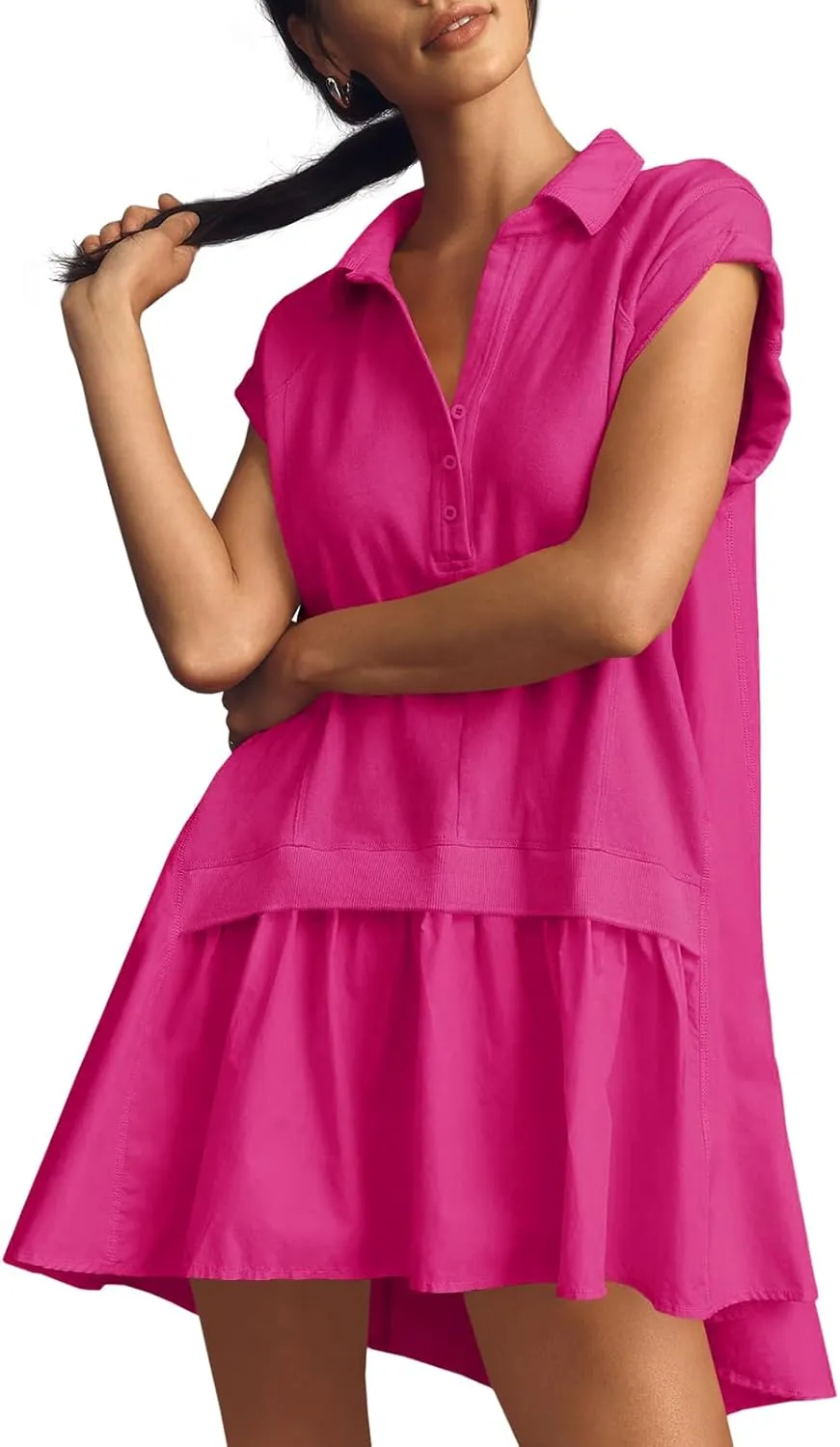 Fisoew Womens Summer Sweatshirt Dresses Short Sleeve V Neck Casual Oversized Patchwork Mini Dress