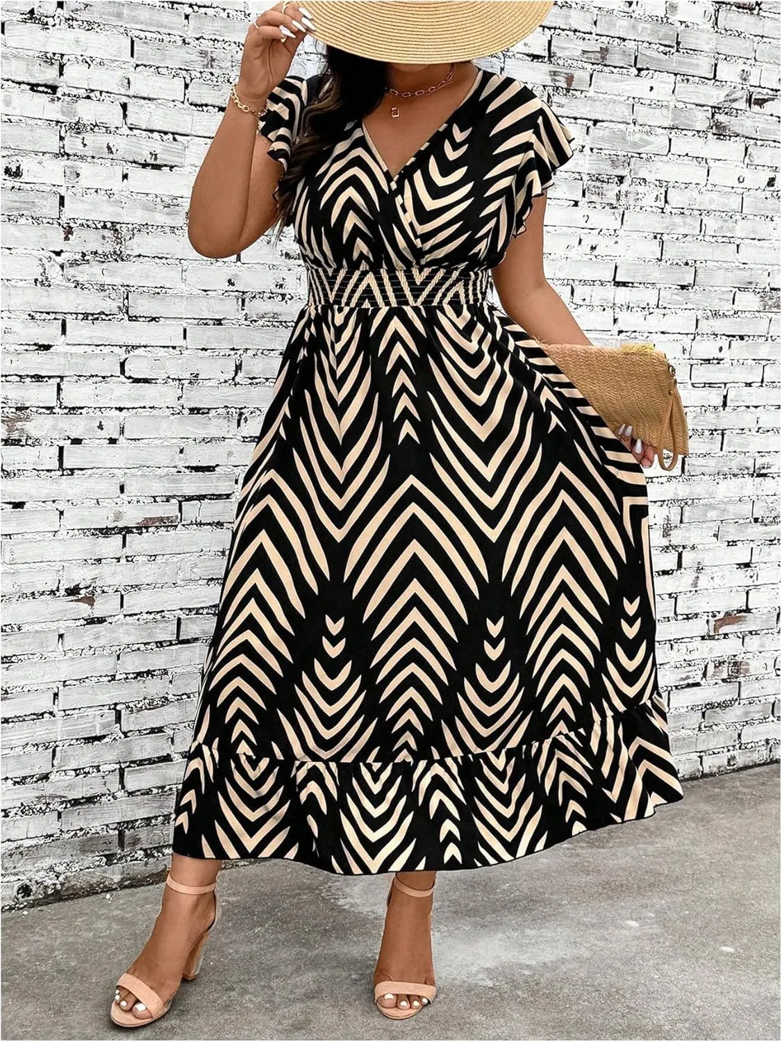 Floerns Women's Plus Size Chevron Striped Wrap V Neck Midi Dress Cap Sleeve Ruffle Hem A Line Dresses