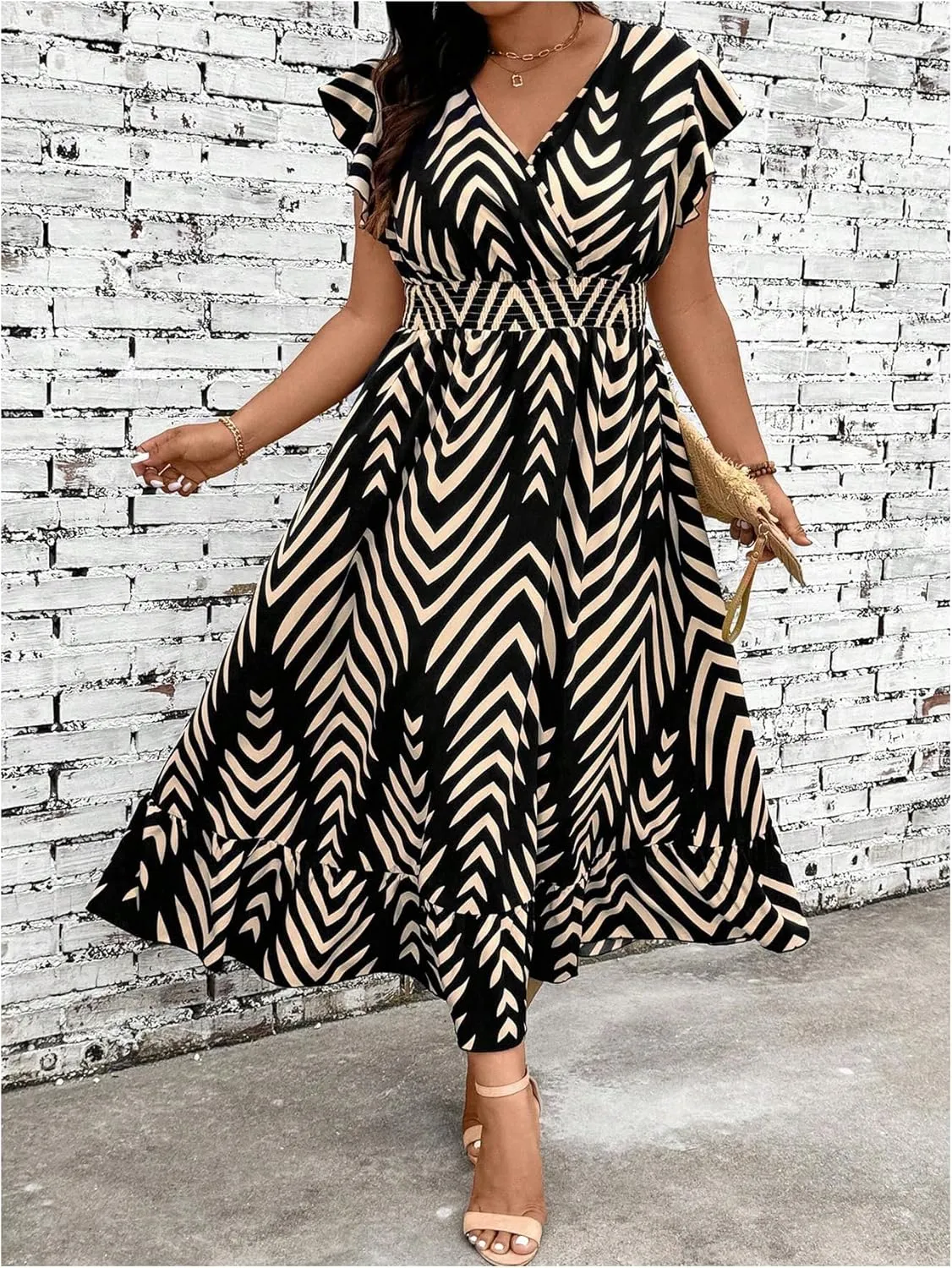 Floerns Women's Plus Size Chevron Striped Wrap V Neck Midi Dress Cap Sleeve Ruffle Hem A Line Dresses