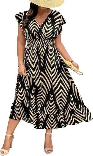 Floerns Women's Plus Size Chevron Striped Wrap V Neck Midi Dress Cap Sleeve Ruffle Hem A Line Dresses