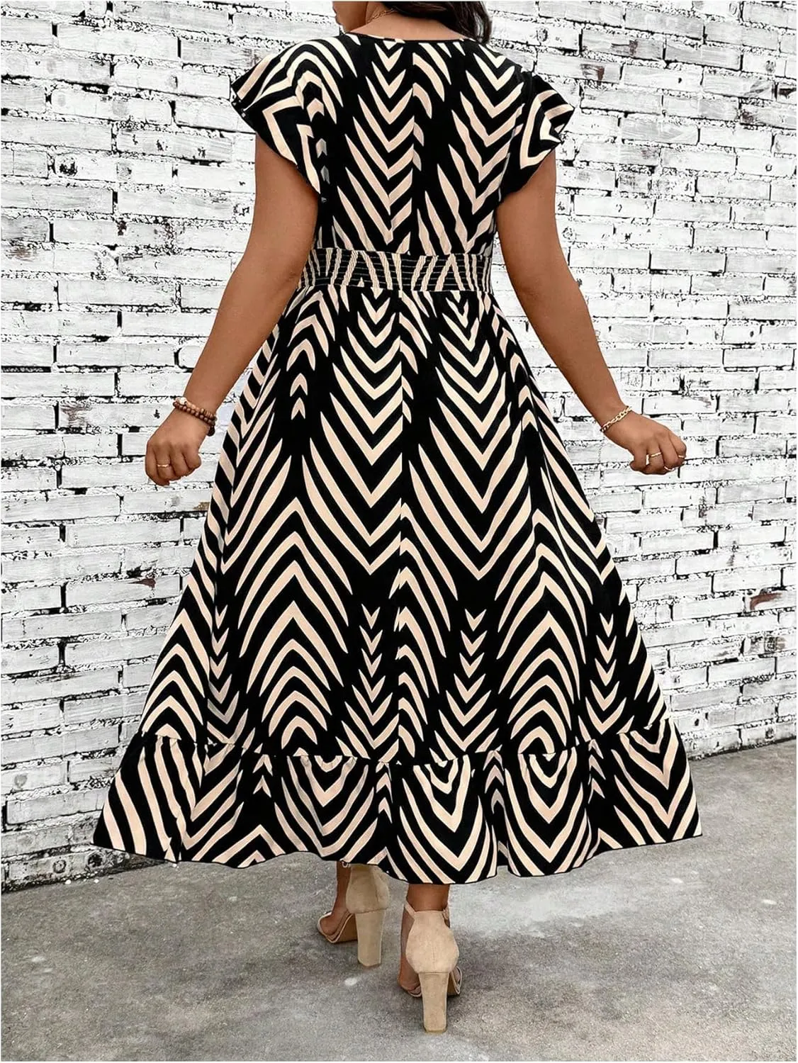 Floerns Women's Plus Size Chevron Striped Wrap V Neck Midi Dress Cap Sleeve Ruffle Hem A Line Dresses