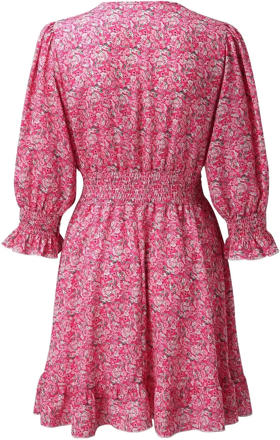 Floral Dress for Women Long Sleeve V Neck Smocked Mini Dress High Waist Ruffle Hem Beach Dress Short Summer Dresses