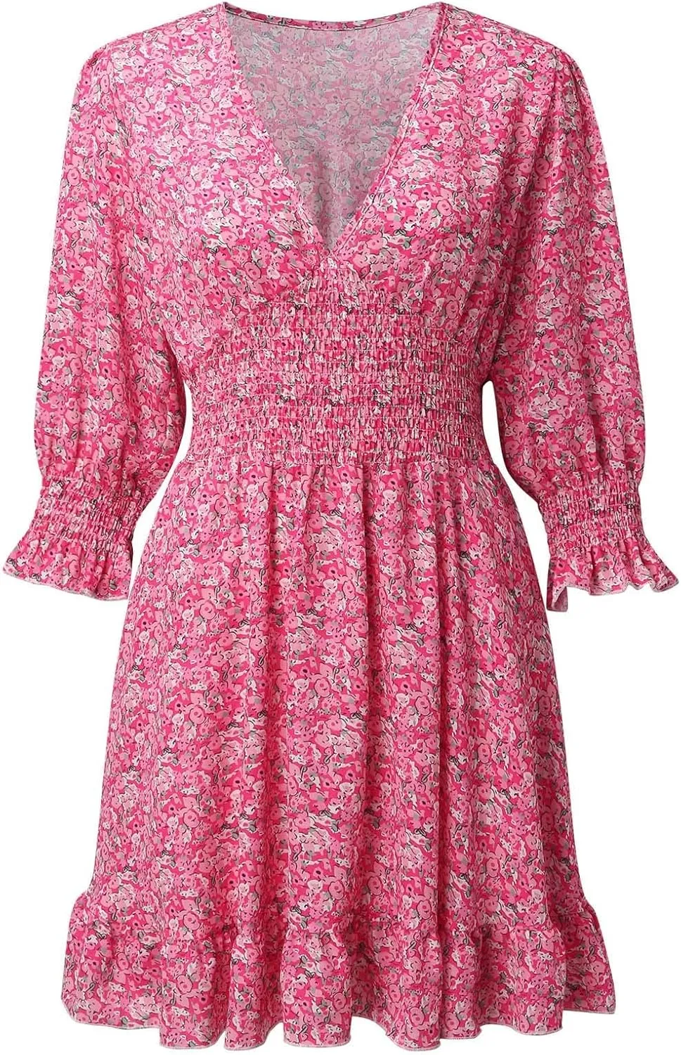 Floral Dress for Women Long Sleeve V Neck Smocked Mini Dress High Waist Ruffle Hem Beach Dress Short Summer Dresses