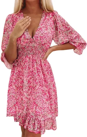 Floral Dress for Women Long Sleeve V Neck Smocked Mini Dress High Waist Ruffle Hem Beach Dress Short Summer Dresses