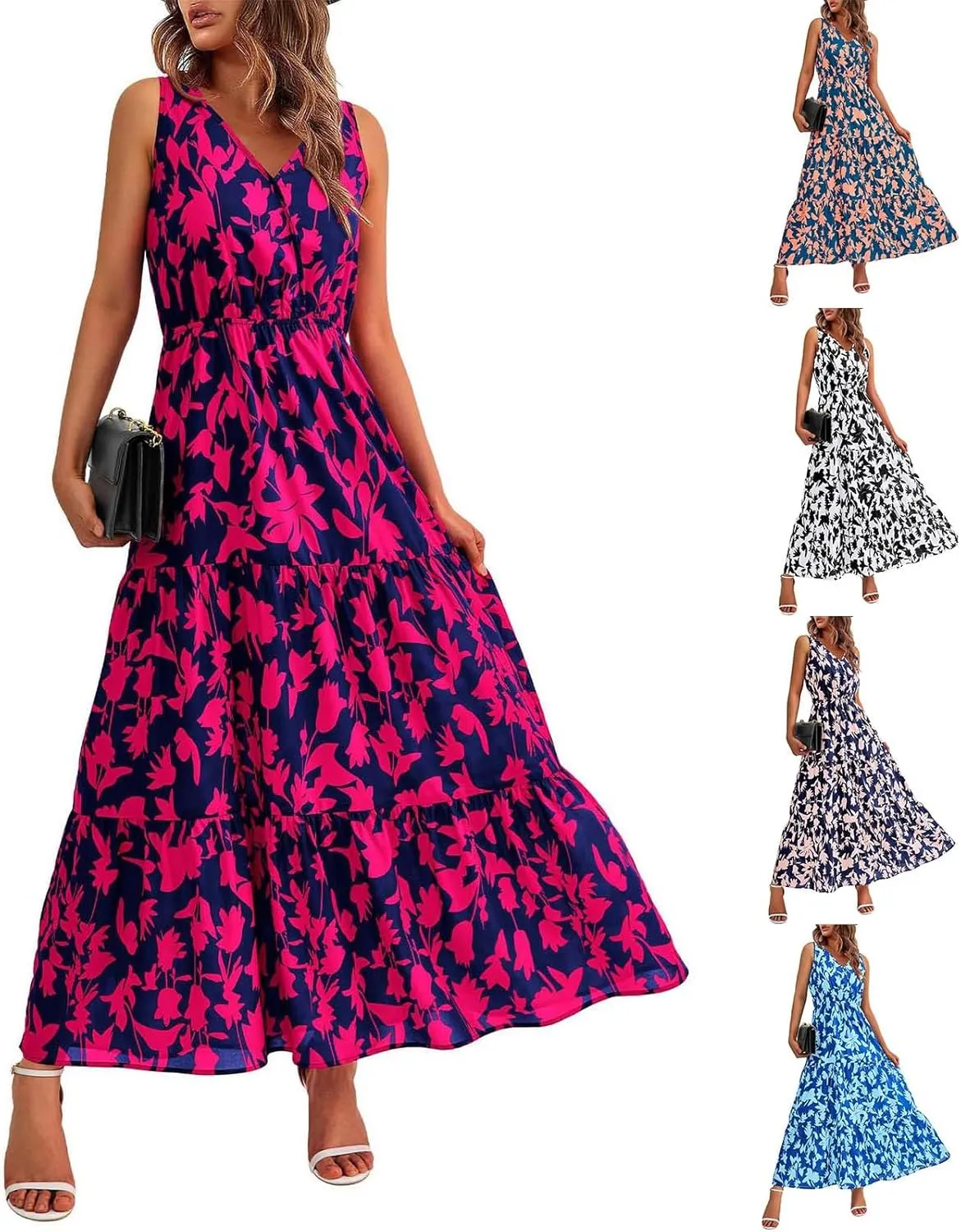 Floral Maxi Dresses for Women 2025 Flowy Sleeveless V Neck Wrap Dress Casual Summer Boho Beach Wedding Guest Dress