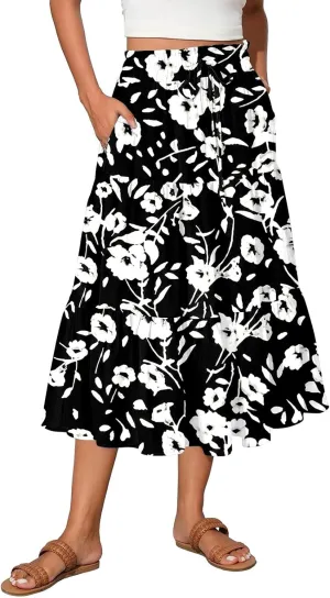 Floral Skirts for Women Summer Loose Casual Trendy Drawstring Flowy Beach Vacation Boho Maxi Skirt, S-2XL