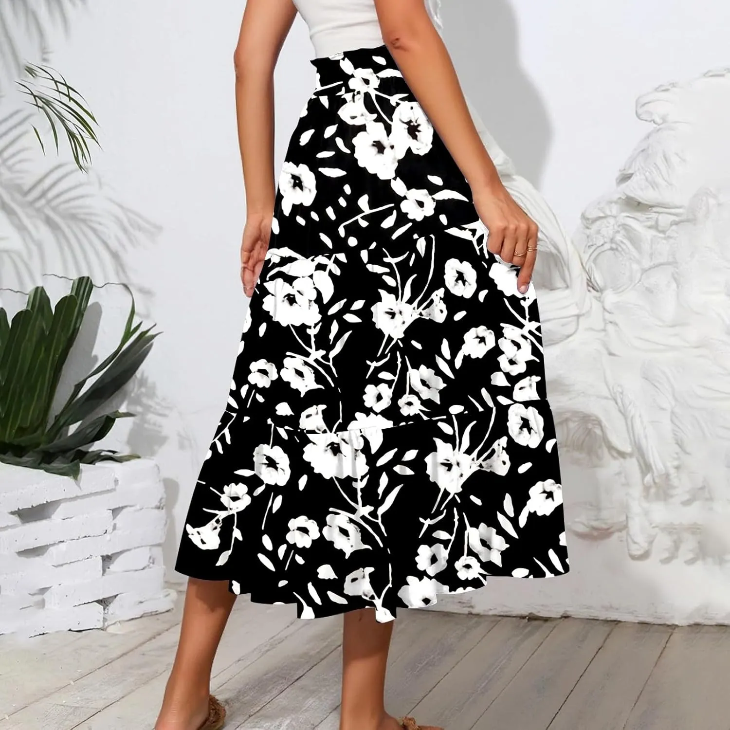 Floral Skirts for Women Summer Loose Casual Trendy Drawstring Flowy Beach Vacation Boho Maxi Skirt, S-2XL