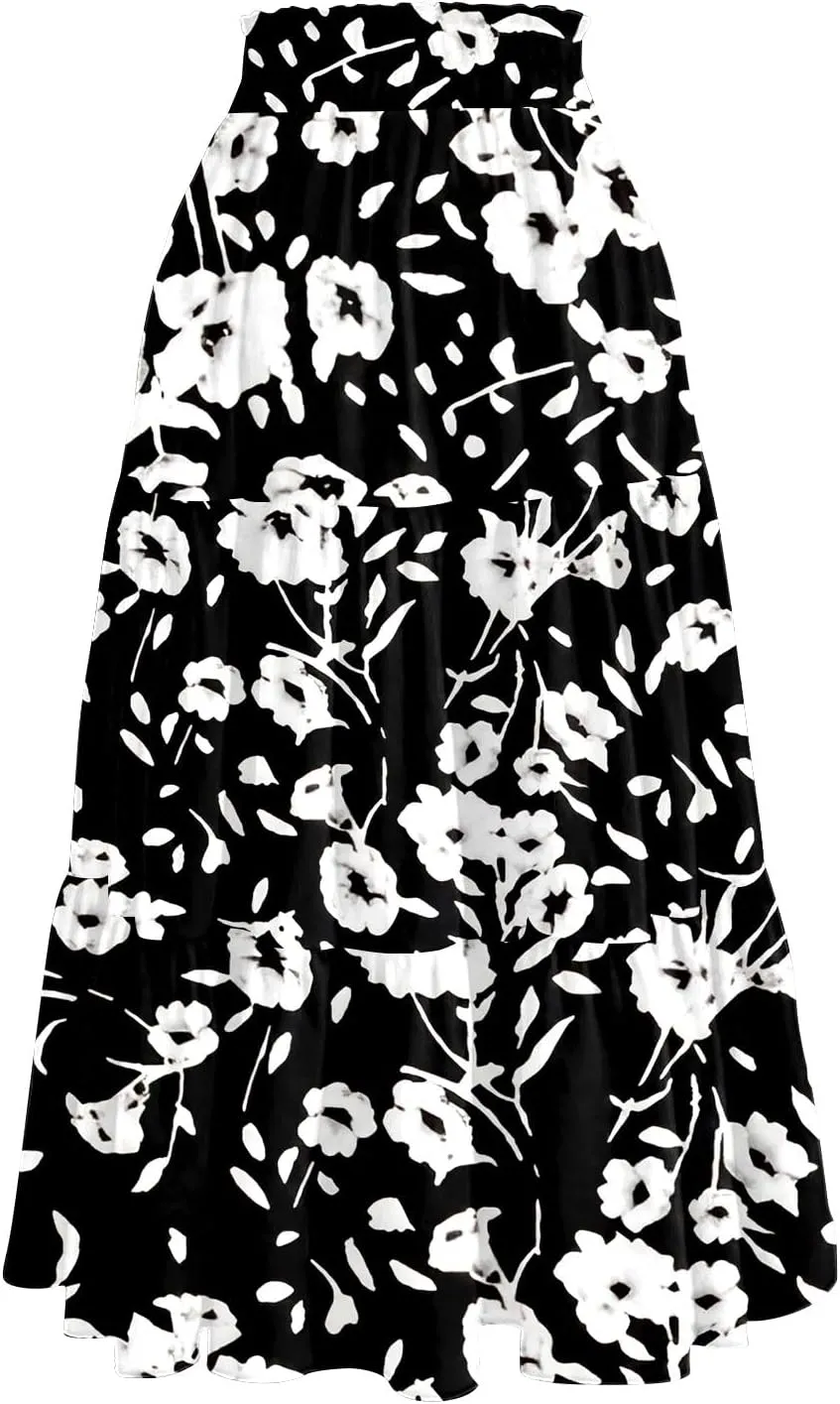 Floral Skirts for Women Summer Loose Casual Trendy Drawstring Flowy Beach Vacation Boho Maxi Skirt, S-2XL