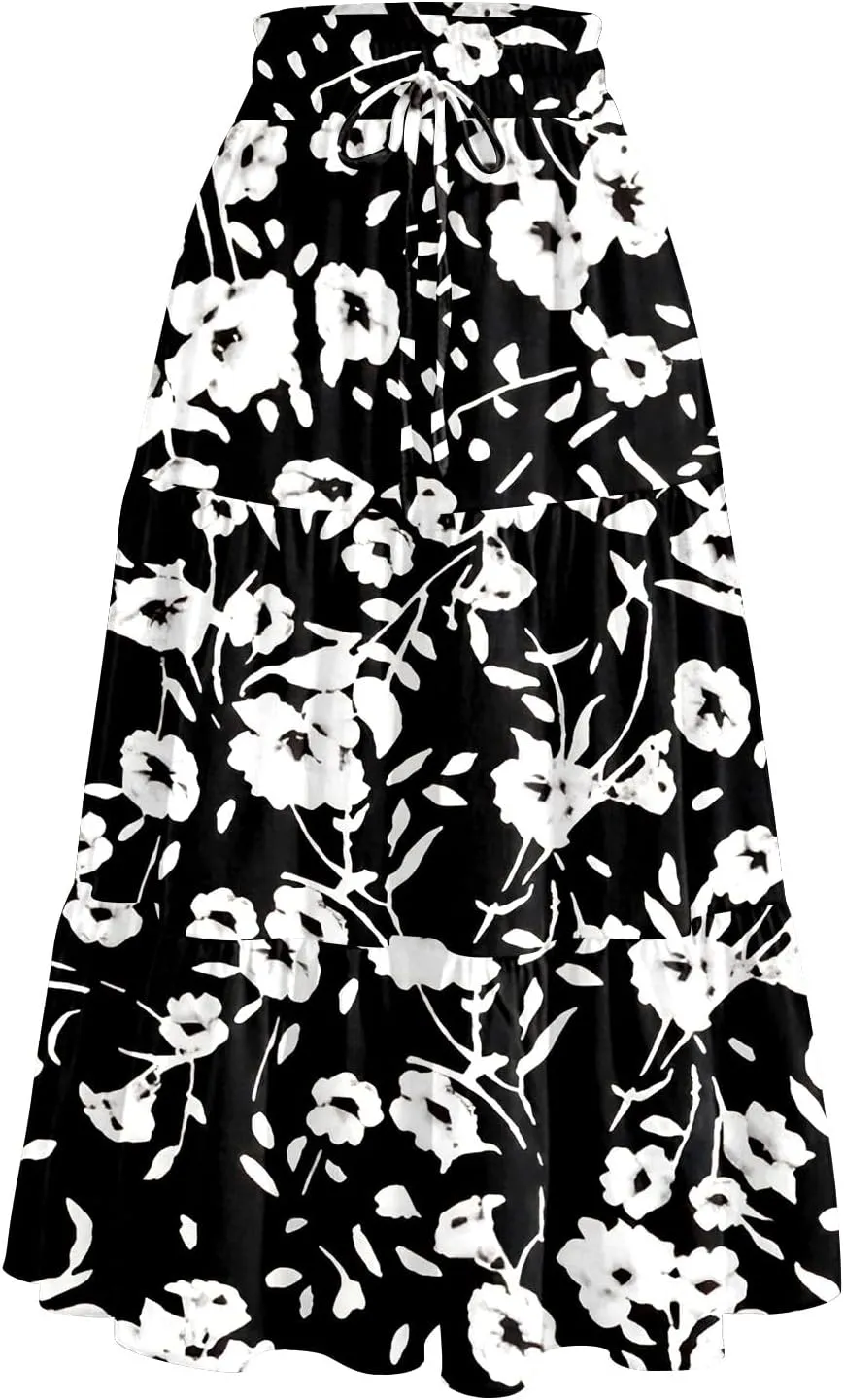 Floral Skirts for Women Summer Loose Casual Trendy Drawstring Flowy Beach Vacation Boho Maxi Skirt, S-2XL