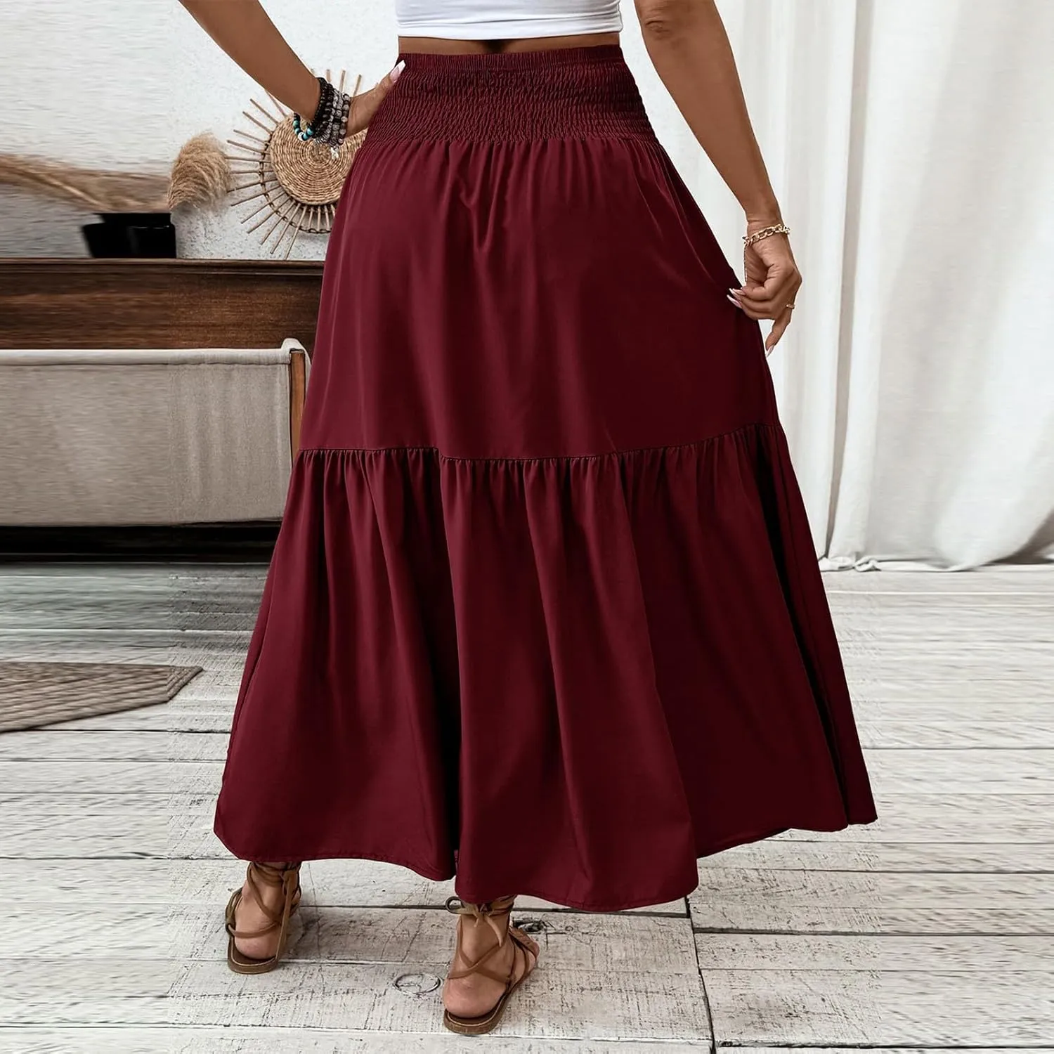 Floral Skirts for Women Summer Loose Casual Trendy Solid Elastic Waist Lightweight Boho Flowy Maxi Skirt, S-XL