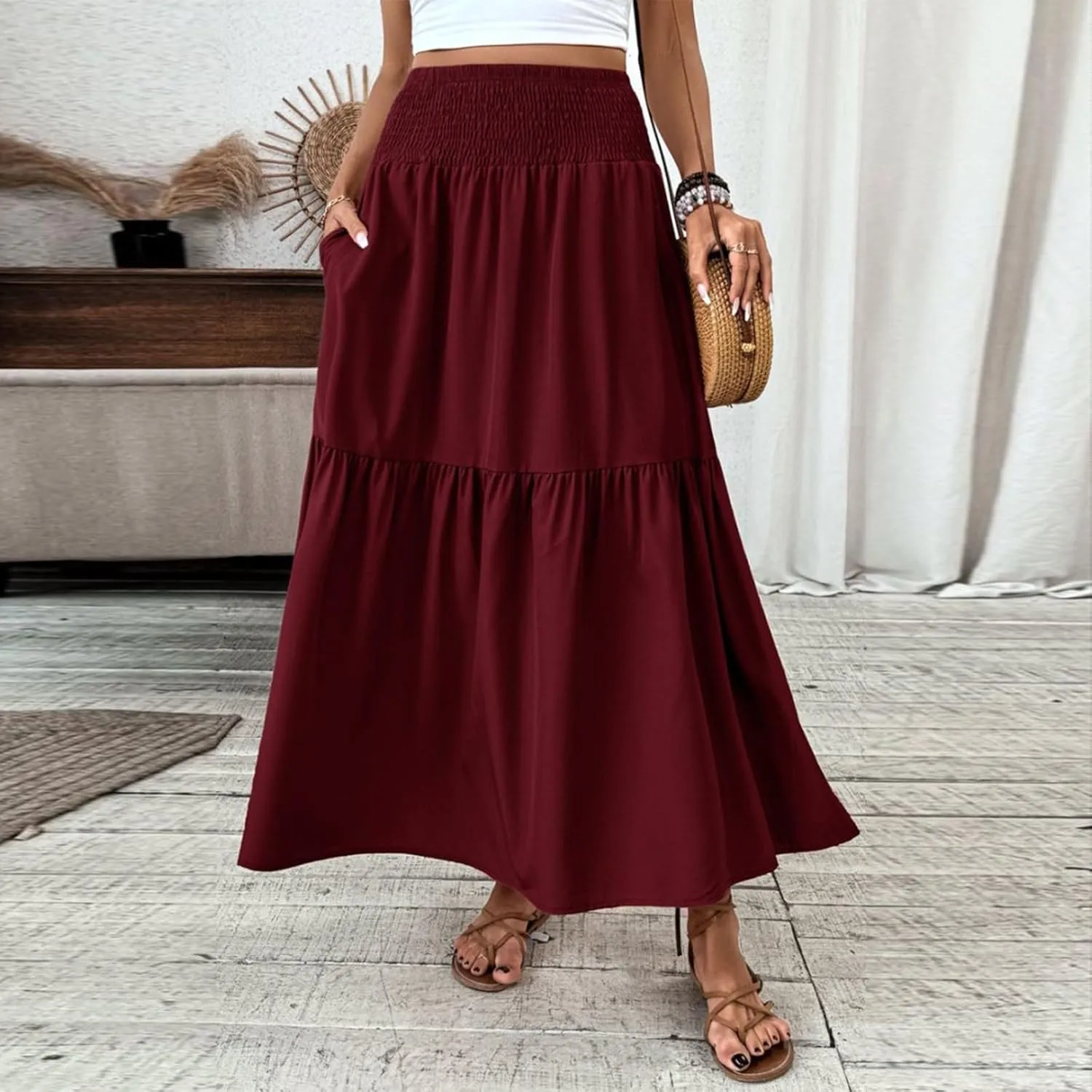 Floral Skirts for Women Summer Loose Casual Trendy Solid Elastic Waist Lightweight Boho Flowy Maxi Skirt, S-XL
