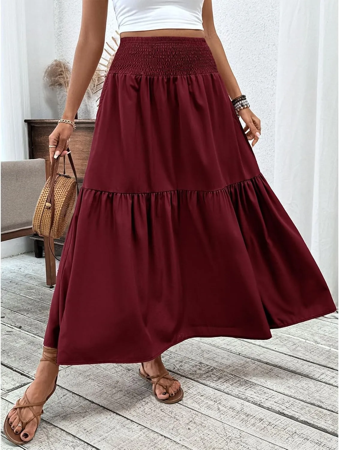 Floral Skirts for Women Summer Loose Casual Trendy Solid Elastic Waist Lightweight Boho Flowy Maxi Skirt, S-XL
