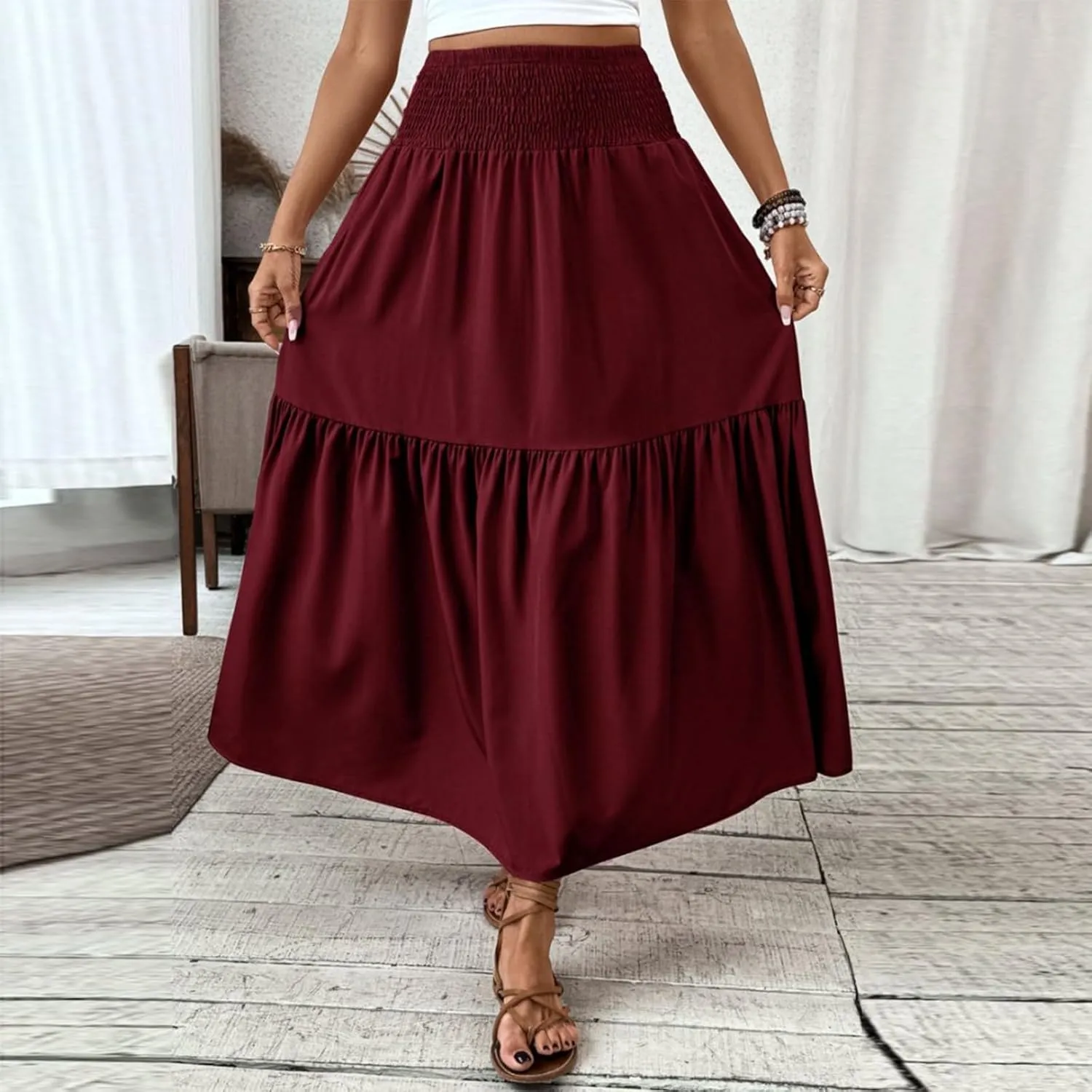 Floral Skirts for Women Summer Loose Casual Trendy Solid Elastic Waist Lightweight Boho Flowy Maxi Skirt, S-XL