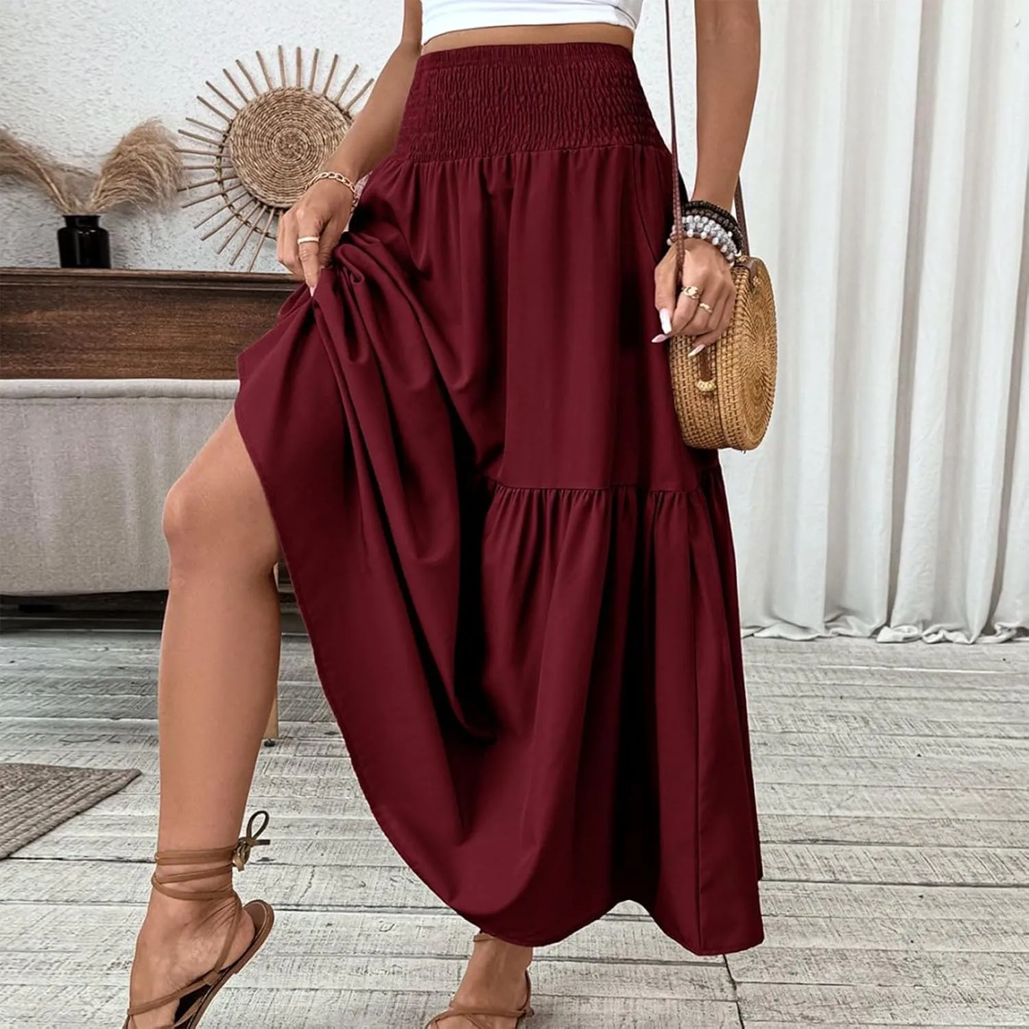 Floral Skirts for Women Summer Loose Casual Trendy Solid Elastic Waist Lightweight Boho Flowy Maxi Skirt, S-XL