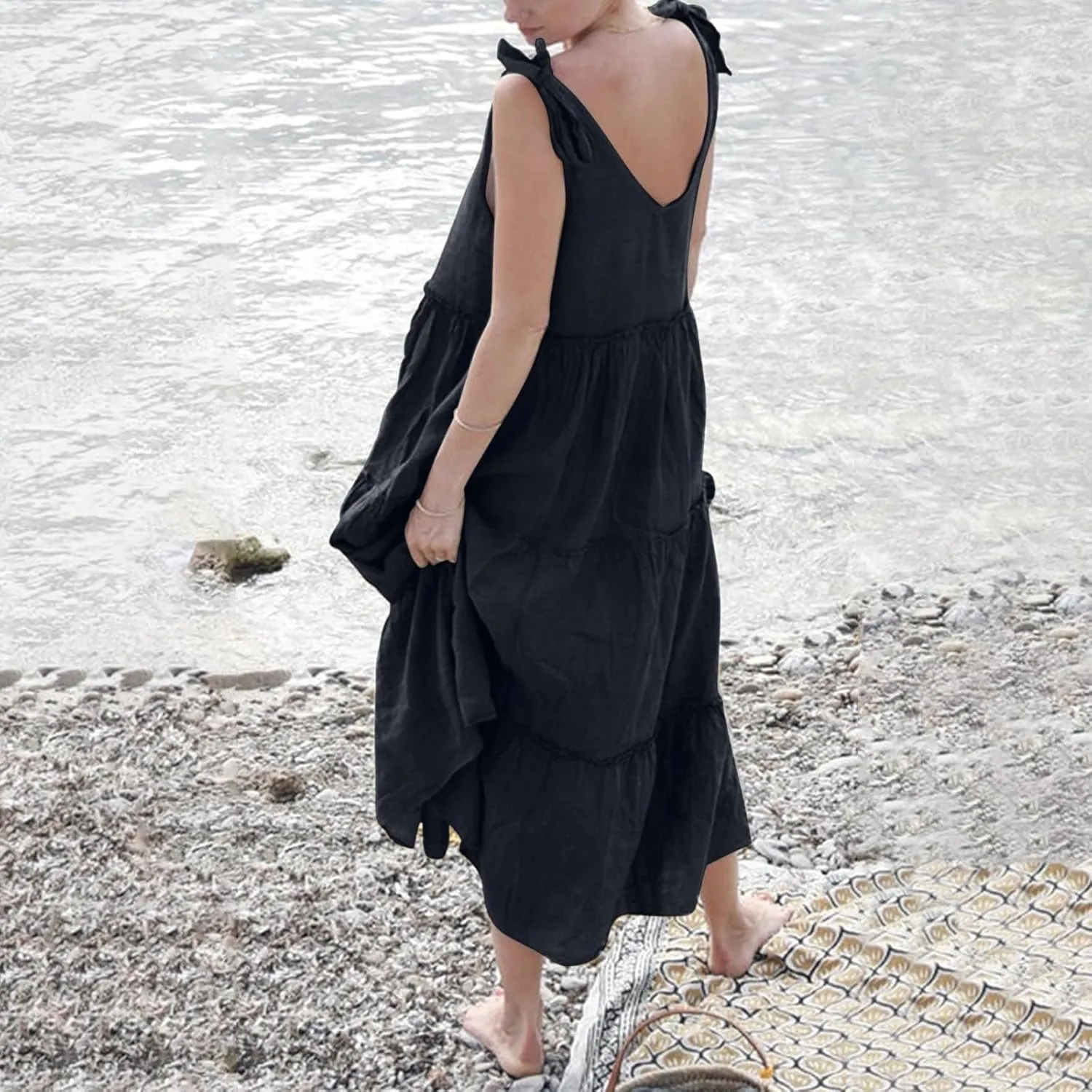 Flowy Linen Dress Women Beach Vacation Maxi Dresses Sundress Trendy Casual Sleeveless Tiered Dress Summer 2025