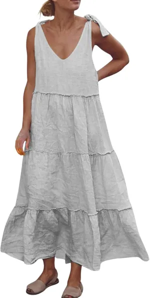 Flowy Linen Dress Women Beach Vacation Maxi Dresses Sundress Trendy Casual Sleeveless Tiered Dress Summer 2025