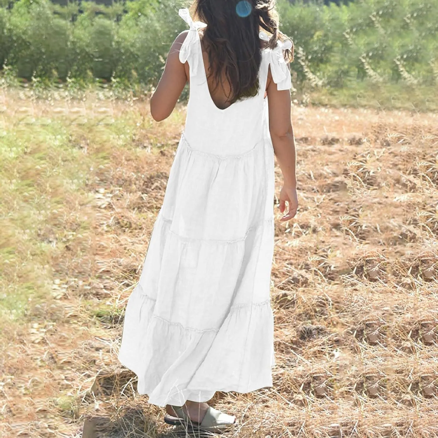 Flowy Linen Dress Women Beach Vacation Maxi Dresses Sundress Trendy Casual Sleeveless Tiered Dress Summer 2025