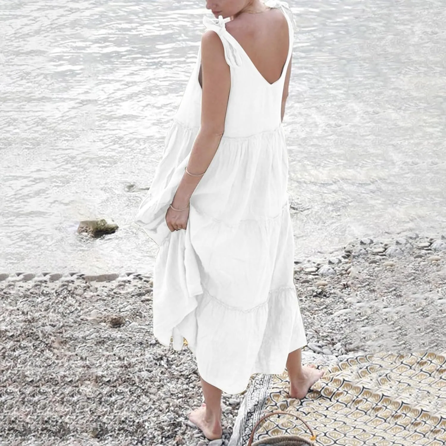Flowy Linen Dress Women Beach Vacation Maxi Dresses Sundress Trendy Casual Sleeveless Tiered Dress Summer 2025