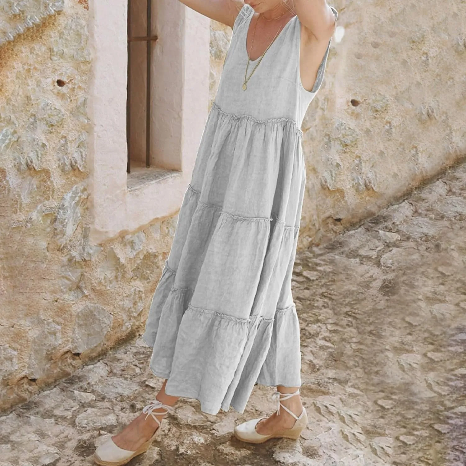 Flowy Linen Dress Women Beach Vacation Maxi Dresses Sundress Trendy Casual Sleeveless Tiered Dress Summer 2025