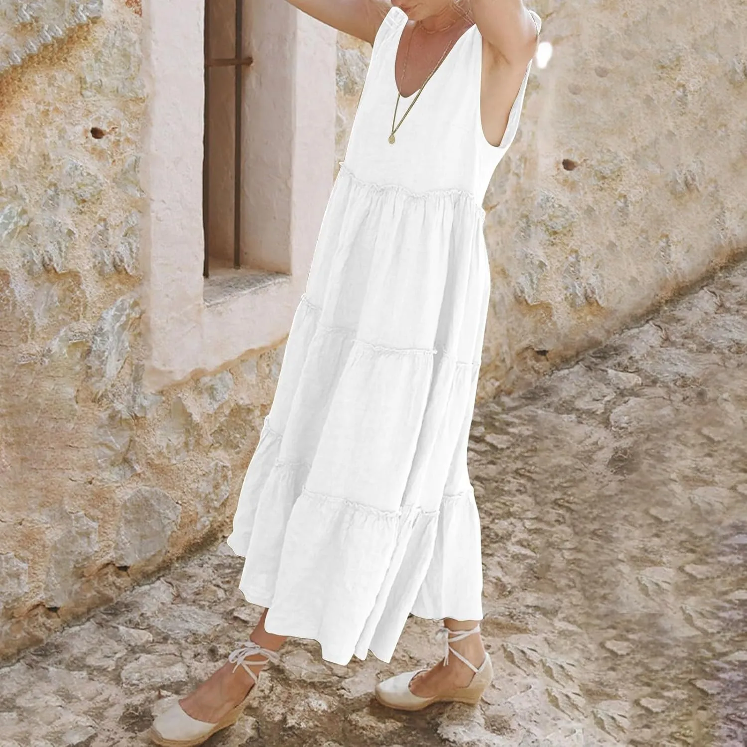 Flowy Linen Dress Women Beach Vacation Maxi Dresses Sundress Trendy Casual Sleeveless Tiered Dress Summer 2025