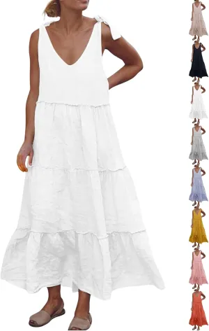 Flowy Linen Dress Women Beach Vacation Maxi Dresses Sundress Trendy Casual Sleeveless Tiered Dress Summer 2025