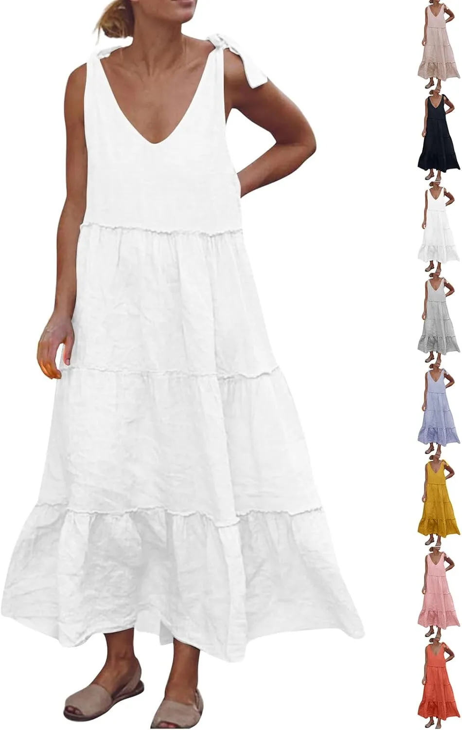 Flowy Linen Dress Women Beach Vacation Maxi Dresses Sundress Trendy Casual Sleeveless Tiered Dress Summer 2025
