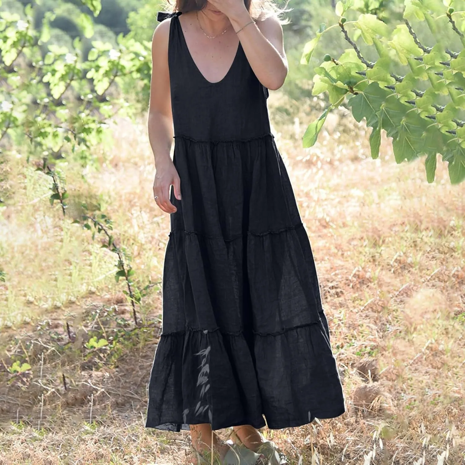 Flowy Linen Dress Women Beach Vacation Maxi Dresses Sundress Trendy Casual Sleeveless Tiered Dress Summer 2025