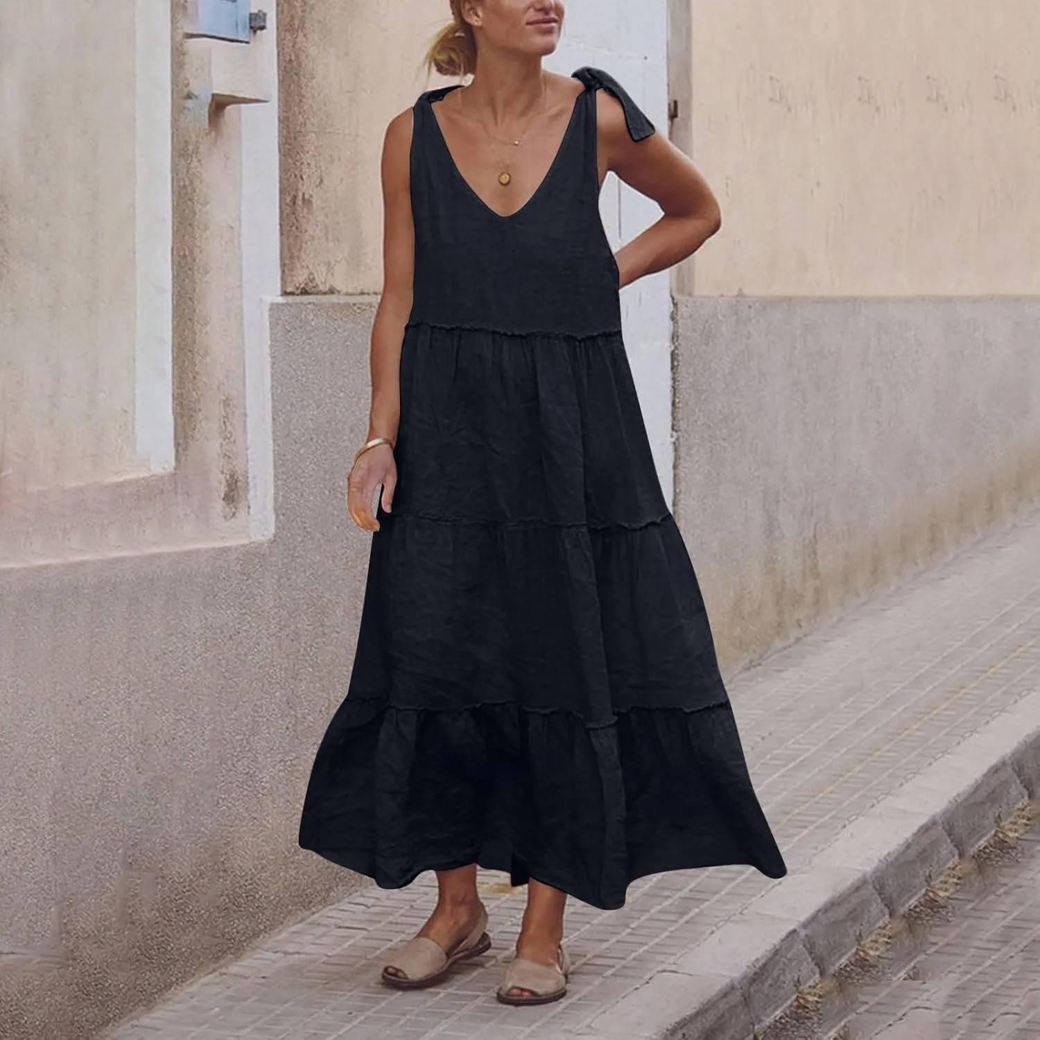 Flowy Linen Dress Women Beach Vacation Maxi Dresses Sundress Trendy Casual Sleeveless Tiered Dress Summer 2025