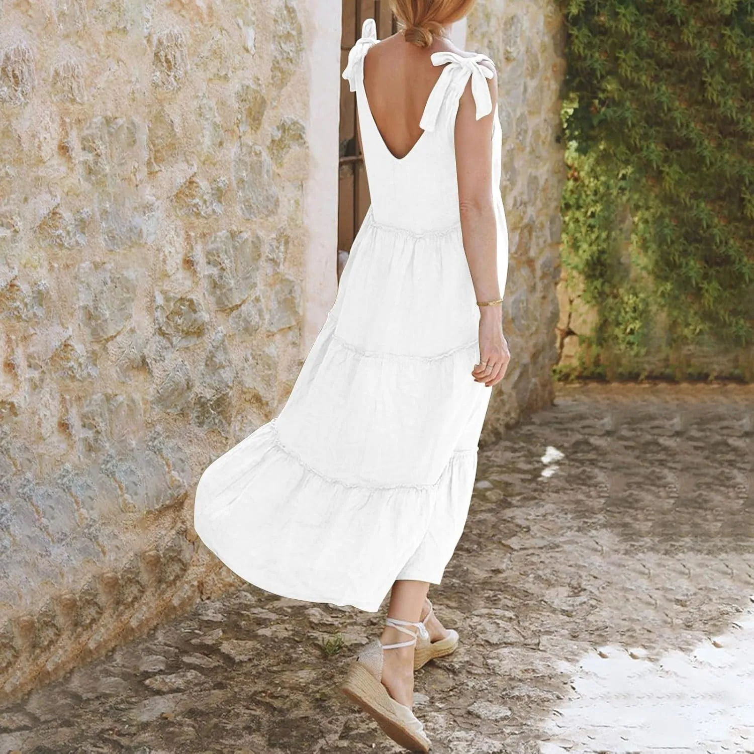 Flowy Linen Dress Women Beach Vacation Maxi Dresses Sundress Trendy Casual Sleeveless Tiered Dress Summer 2025