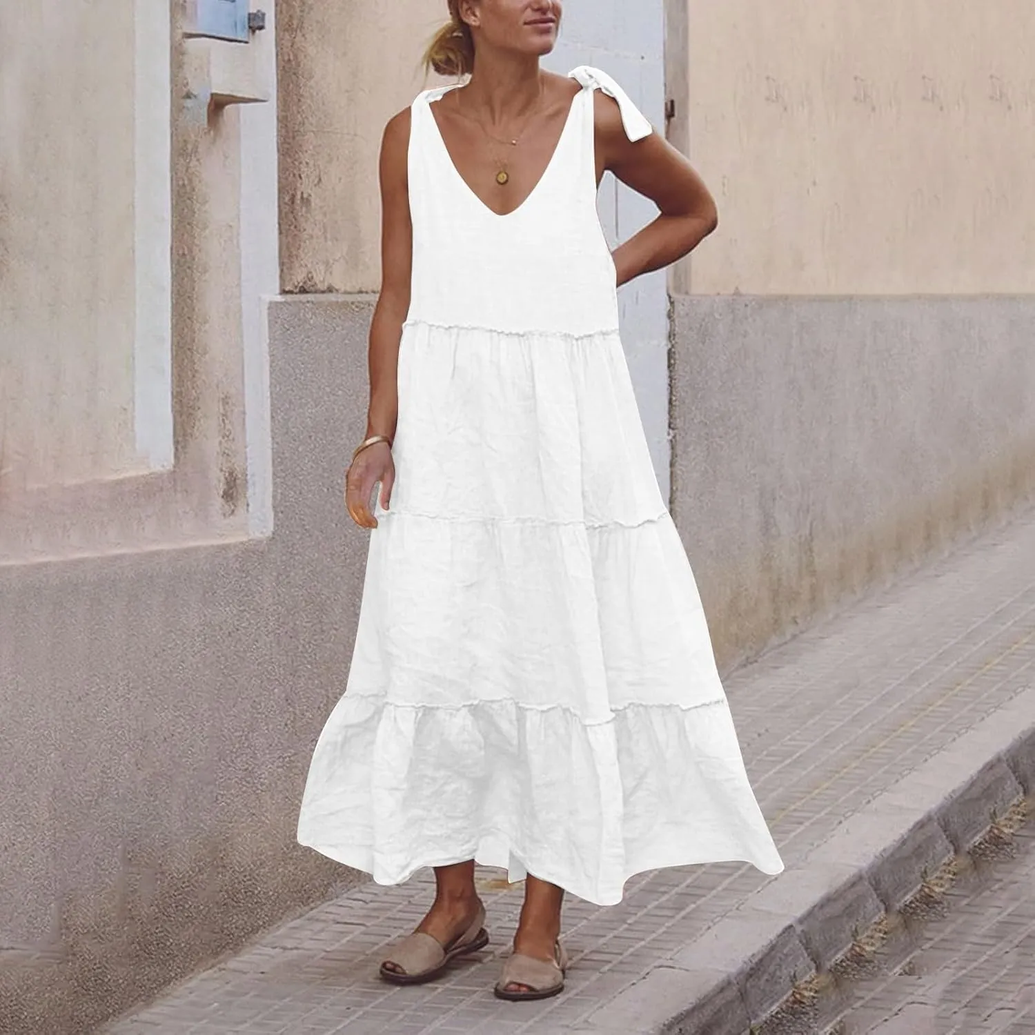 Flowy Linen Dress Women Beach Vacation Maxi Dresses Sundress Trendy Casual Sleeveless Tiered Dress Summer 2025