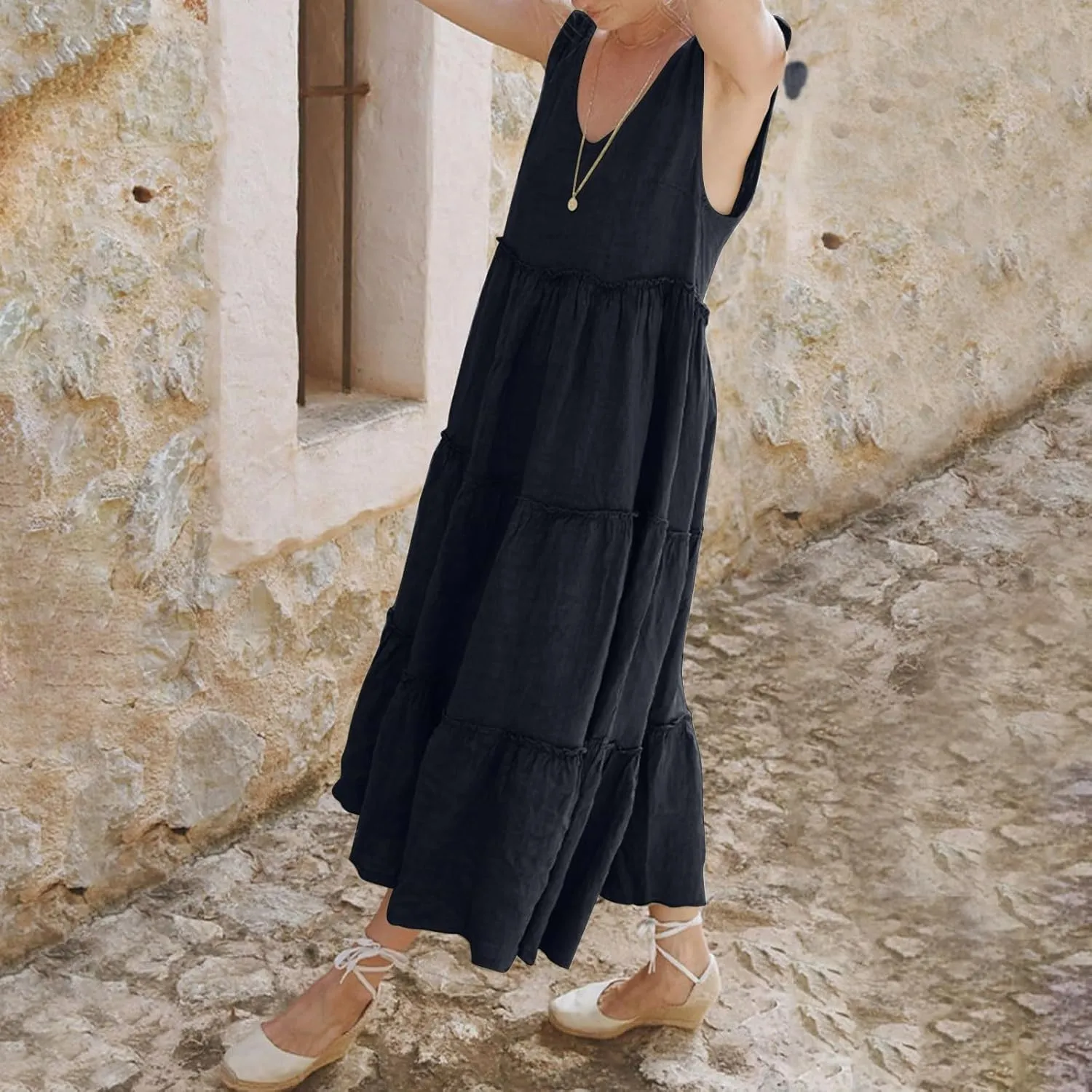 Flowy Linen Dress Women Beach Vacation Maxi Dresses Sundress Trendy Casual Sleeveless Tiered Dress Summer 2025