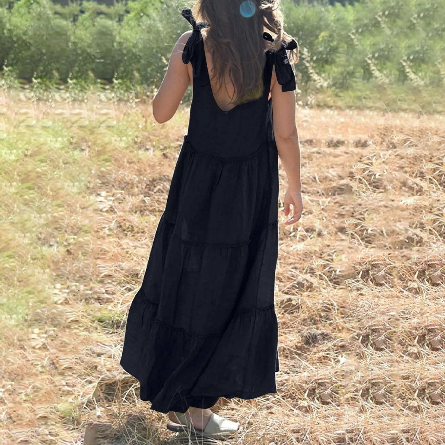 Flowy Linen Dress Women Beach Vacation Maxi Dresses Sundress Trendy Casual Sleeveless Tiered Dress Summer 2025