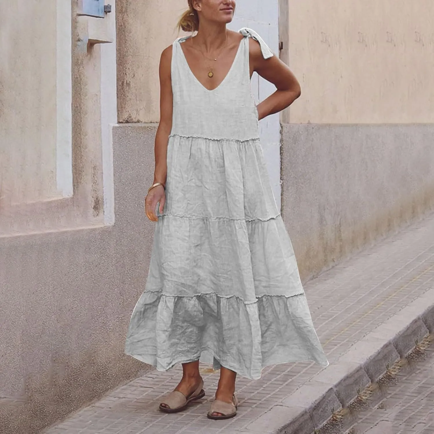 Flowy Linen Dress Women Beach Vacation Maxi Dresses Sundress Trendy Casual Sleeveless Tiered Dress Summer 2025