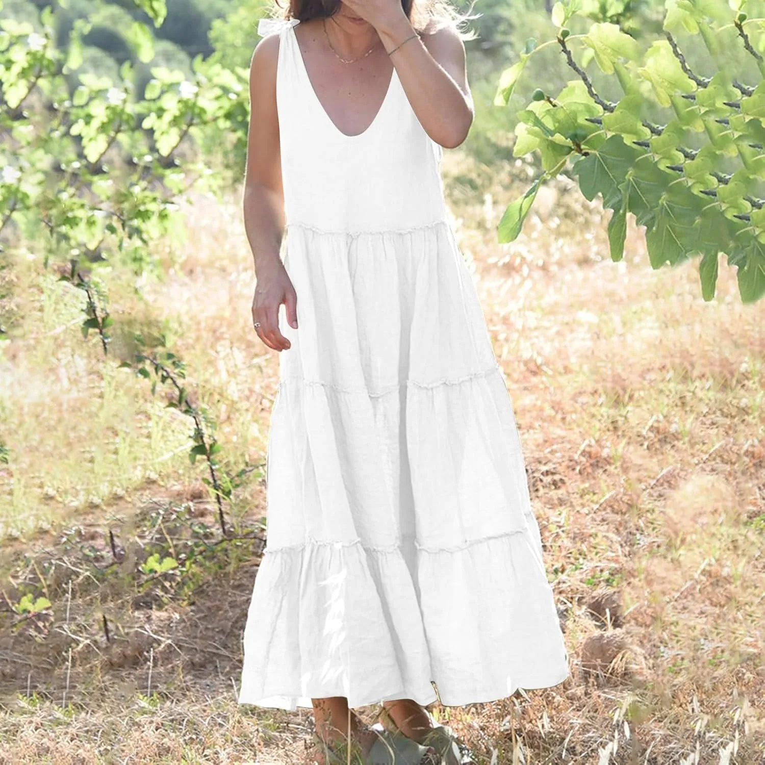 Flowy Linen Dress Women Beach Vacation Maxi Dresses Sundress Trendy Casual Sleeveless Tiered Dress Summer 2025