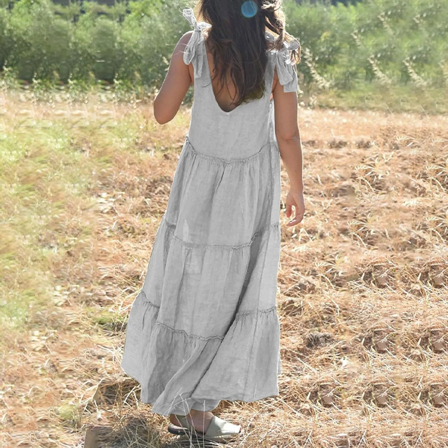 Flowy Linen Dress Women Beach Vacation Maxi Dresses Sundress Trendy Casual Sleeveless Tiered Dress Summer 2025