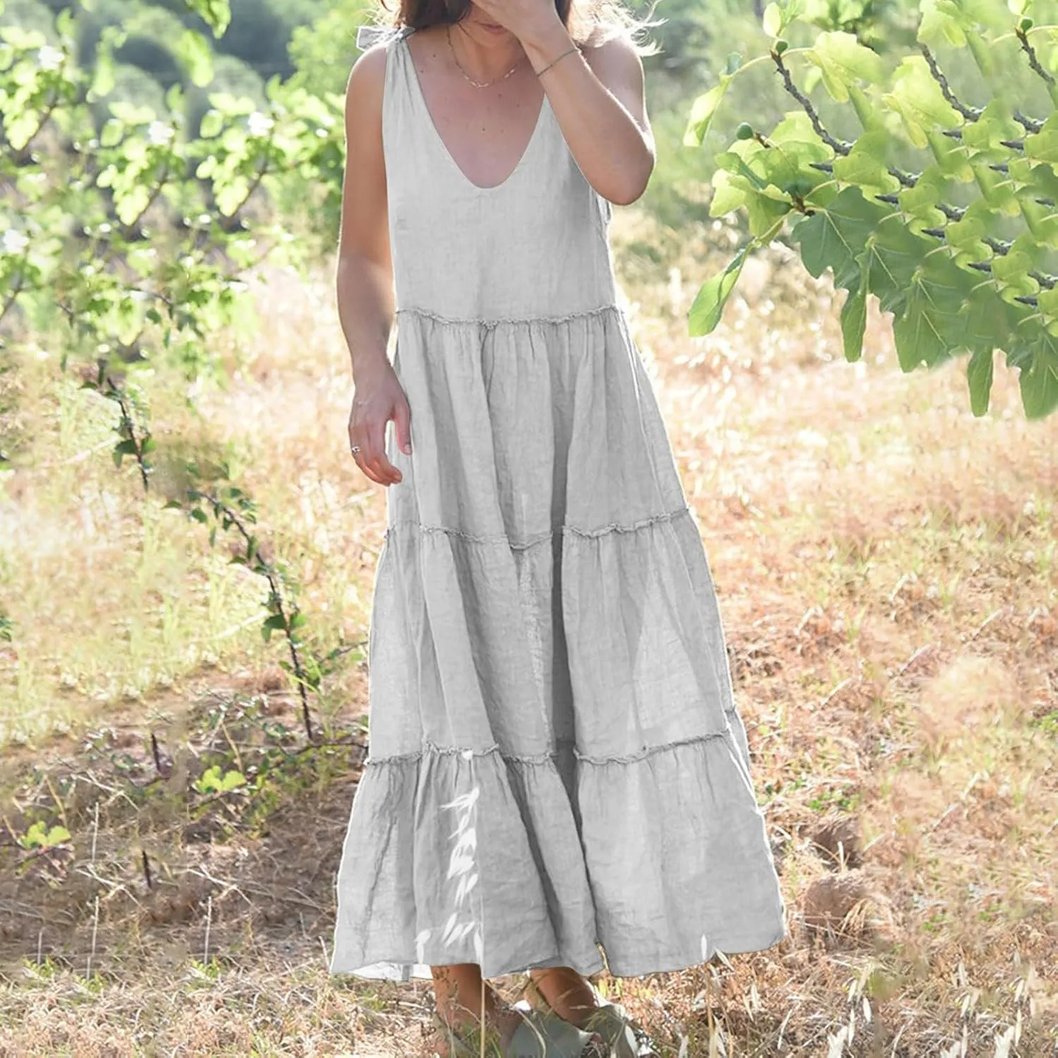 Flowy Linen Dress Women Beach Vacation Maxi Dresses Sundress Trendy Casual Sleeveless Tiered Dress Summer 2025