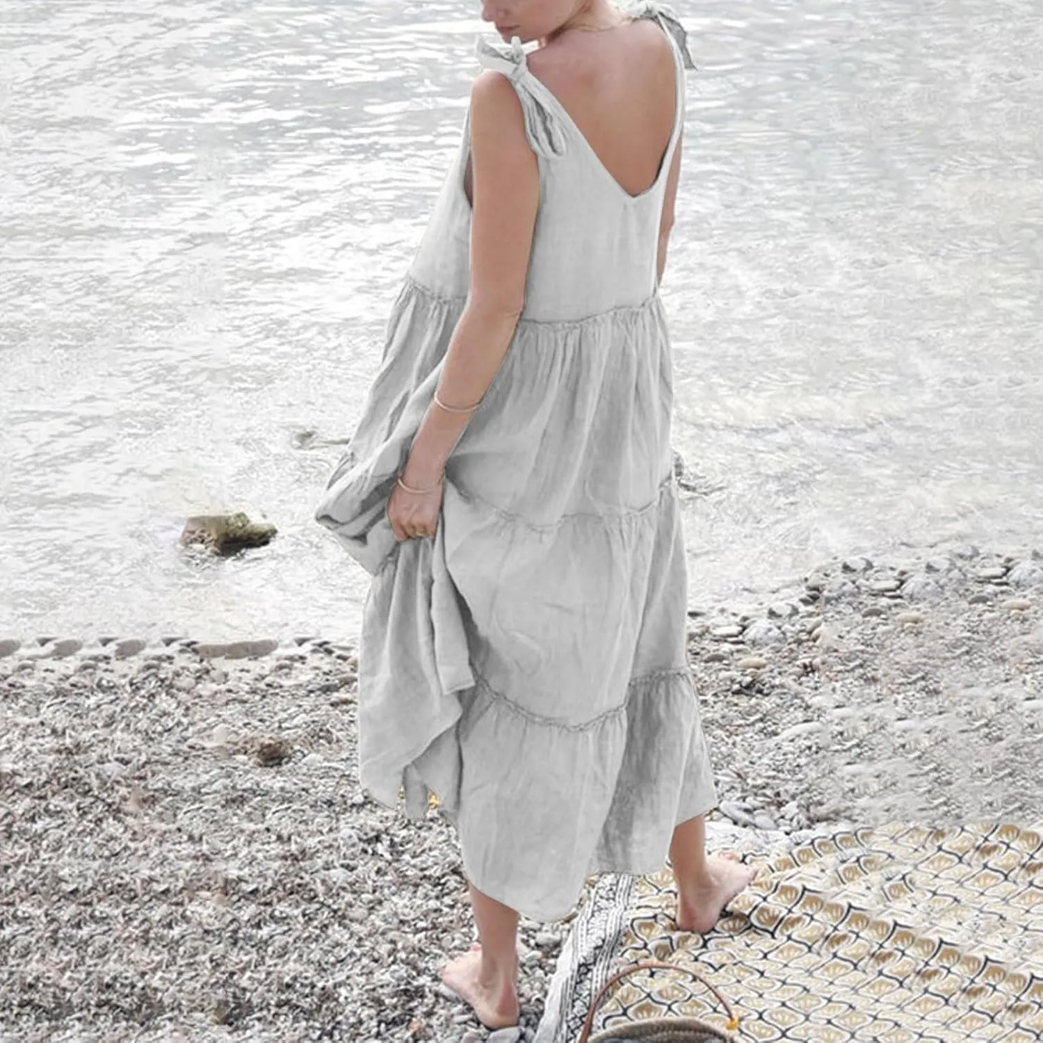 Flowy Linen Dress Women Beach Vacation Maxi Dresses Sundress Trendy Casual Sleeveless Tiered Dress Summer 2025