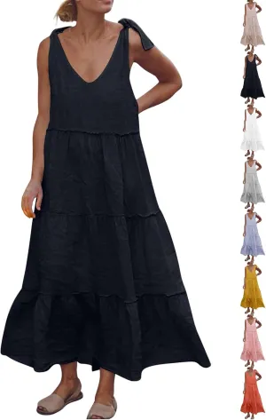 Flowy Linen Dress Women Beach Vacation Maxi Dresses Sundress Trendy Casual Sleeveless Tiered Dress Summer 2025